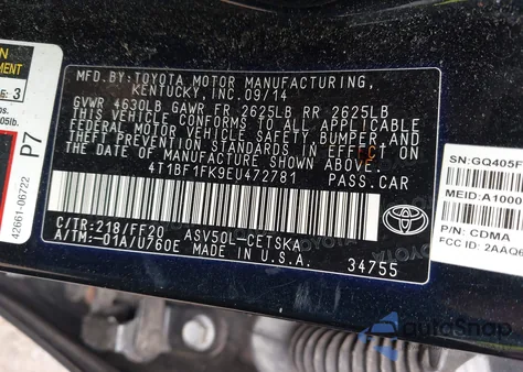 2014 Toyota Camry Se z USA, uszkodzony, nr VIN 4T1BF1FK9EU472781